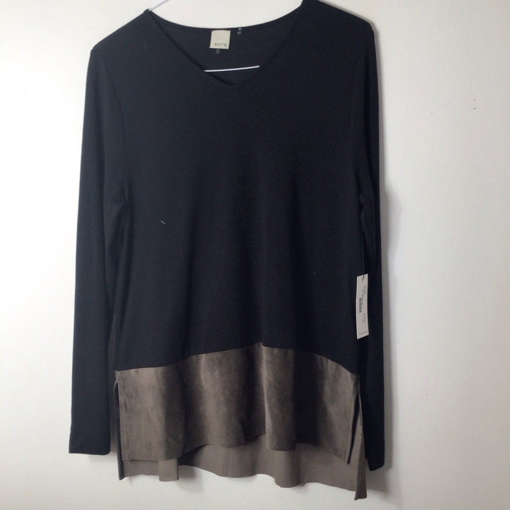 NWT ECRU Black Long-Sleeve V-Neck Tunic with Taupe Hem women xl